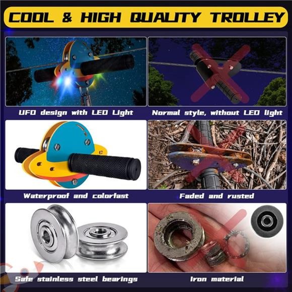 100FT Zip Lines for Kids and Adults Outdoor with UFO Light Up Zipline Trolley - Picture 3 of 6